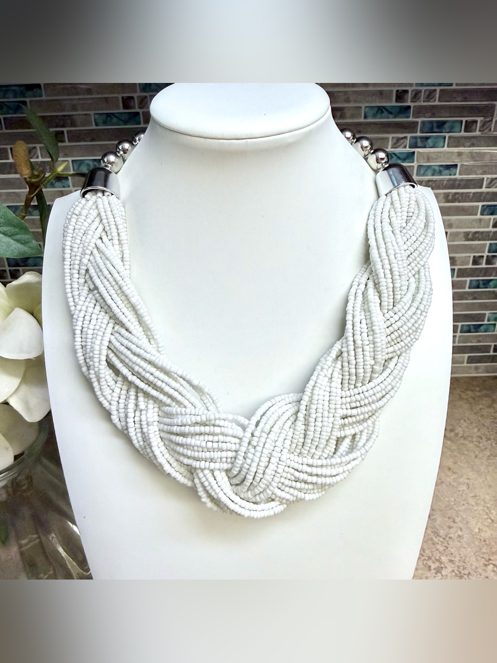 White braided seed bead statement necklace